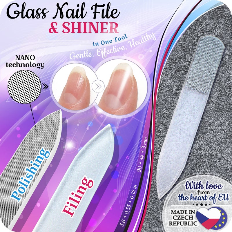 GLADZY Czech Glass Nail File Set - Multifunctional Nail Shiner Buffer, Callus Remover Foot Rasp, Glass Cuticle Pusher Manicure Stick, Etched Surface, Professional Nail Care Tool, Made in EU - Image 3